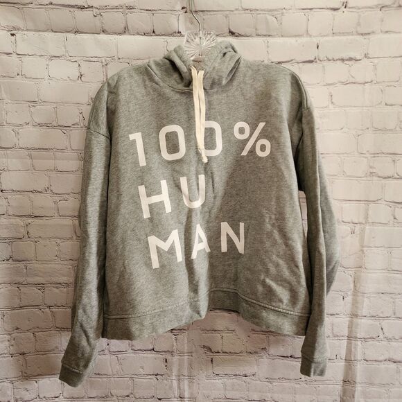 Everlane Hoodie Womens Small Grey Cropped Oversized 100% Human Typography - Picture 1 of 7
